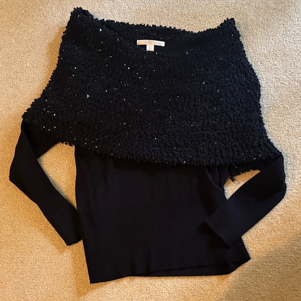 Boston Proper Black Sweater with Textured Overlay